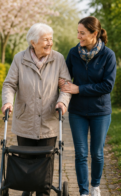ältere Dame am Rollator geht in Begleitung spazieren
